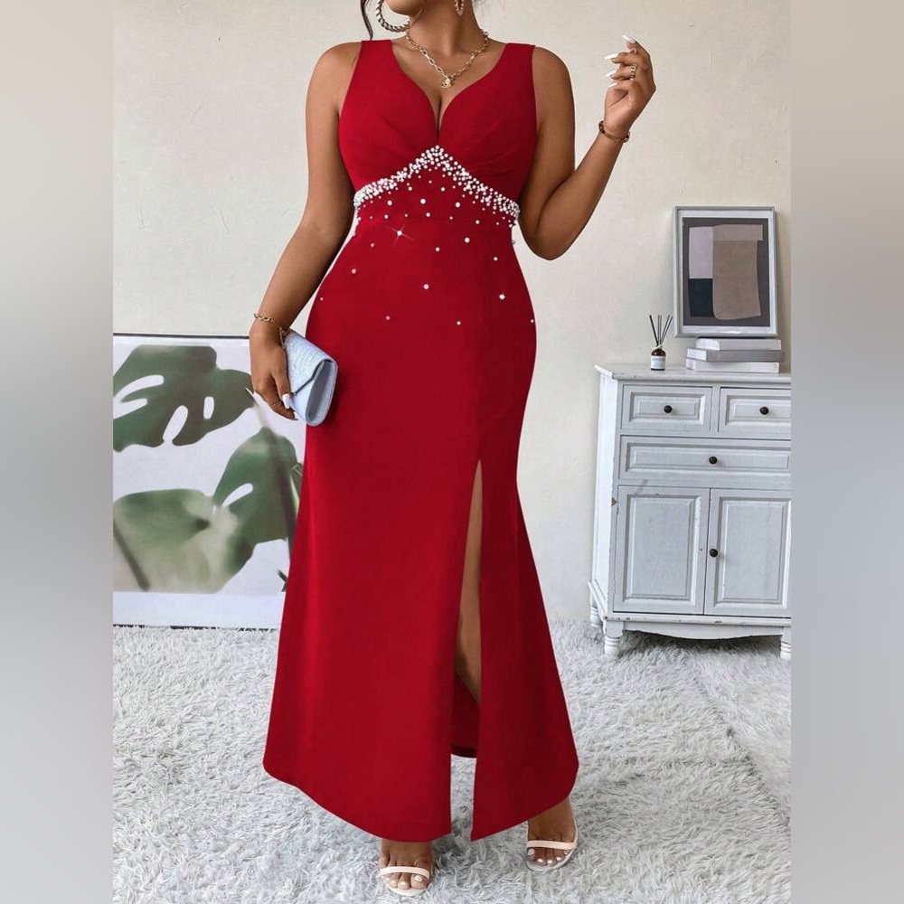 SHEIN Elegant Red Maxi Dress with Bead Details